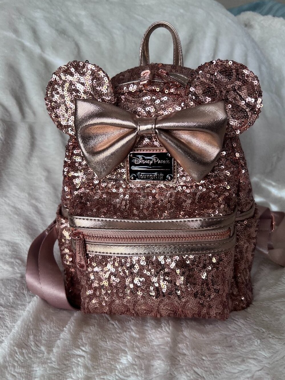 Disney Parks Loungefly Rose Gold Sequin Minnie Mouse Mini Backpack Bow Ears